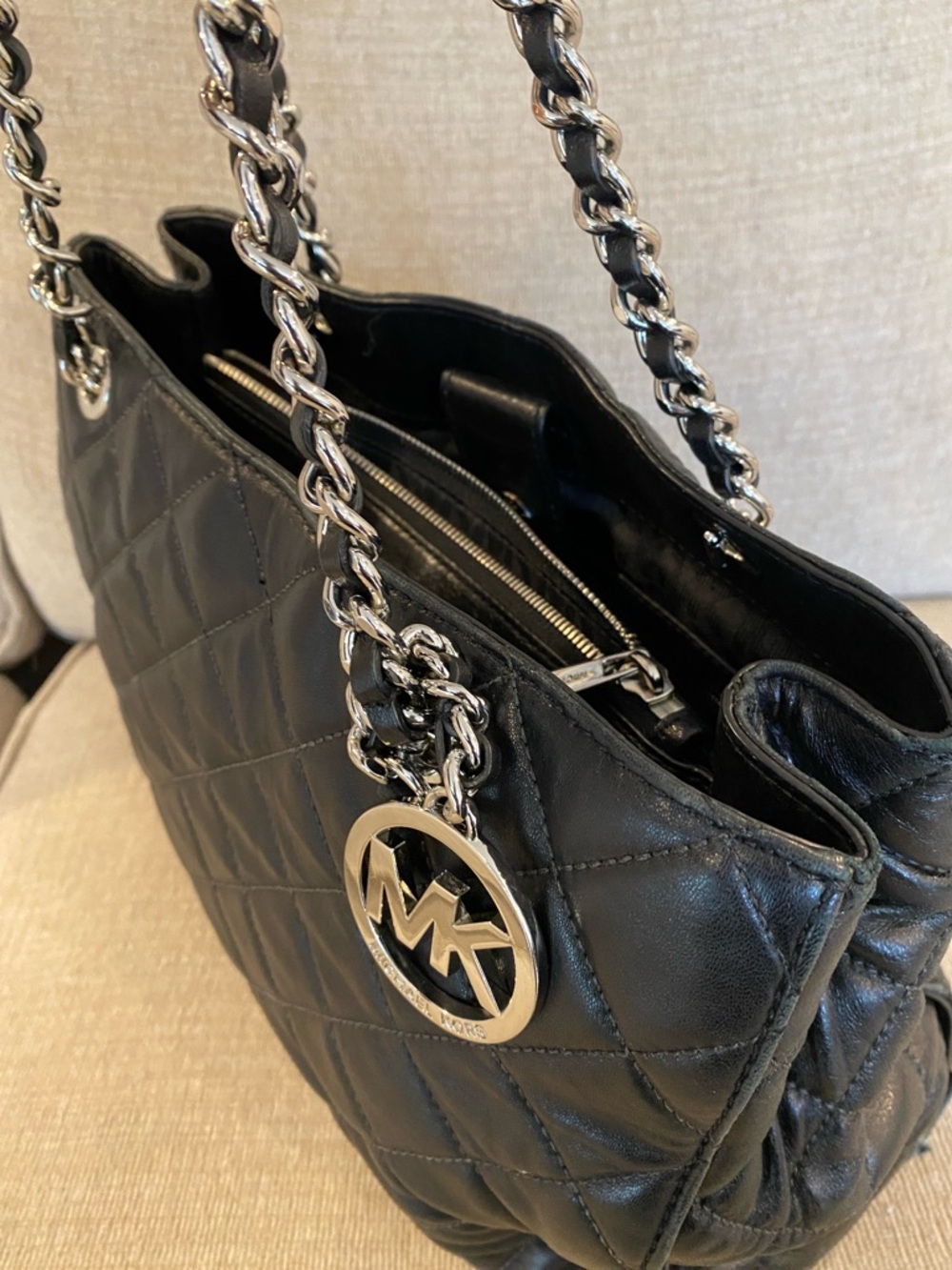 Michael Kors Black Quilted Tote with Chain Handles